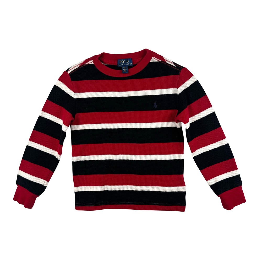Polo Ralph Lauren Kids Boys 4T Red Black White Striped Thermal Waffle Knit Shirt